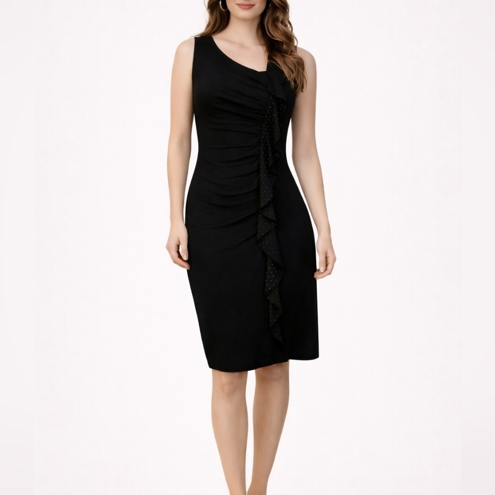 SAINT TROPEZ WEST 1990s Black Ruffle Embellished Ruched Bodycon Angled Dress